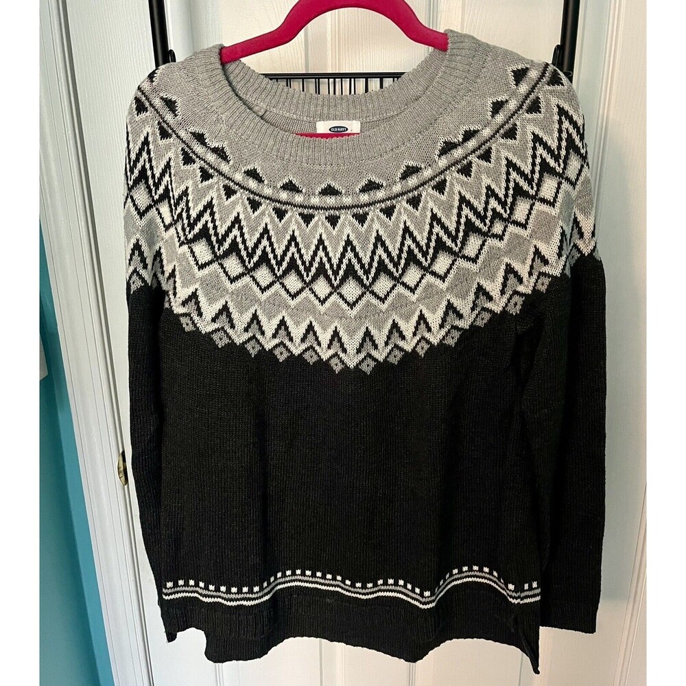 Old Navy Womens Sweater Fair Isle Black Gray Size M Lightly Worn